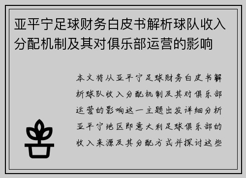 亚平宁足球财务白皮书解析球队收入分配机制及其对俱乐部运营的影响