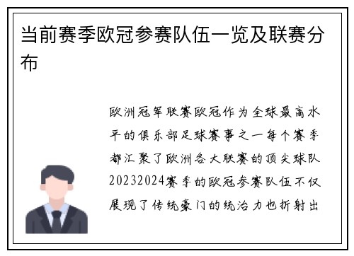 当前赛季欧冠参赛队伍一览及联赛分布